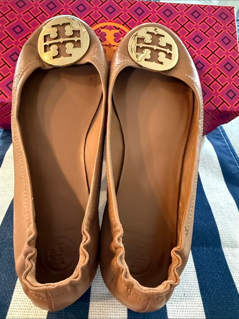 Tory Burch Royal Tan/Gold Leather Ballet Flats with Gold Logo Medallions